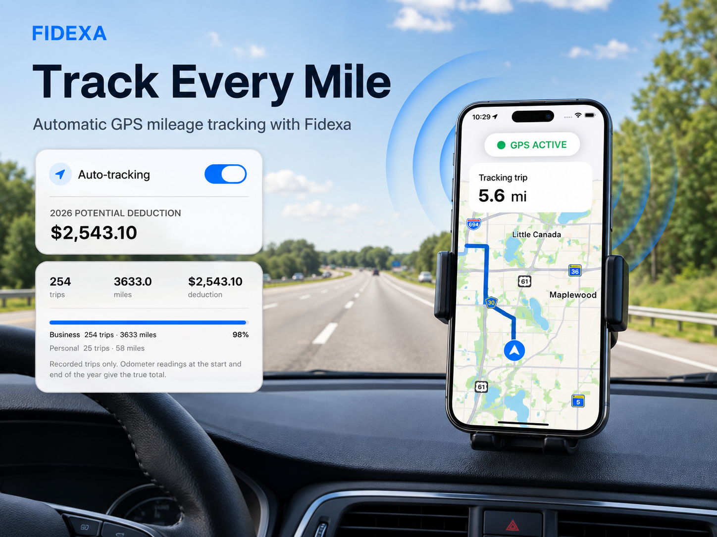 Fidexa tracking a 5.6 mile drive on a phone mounted to a dashboard, with the year's totals